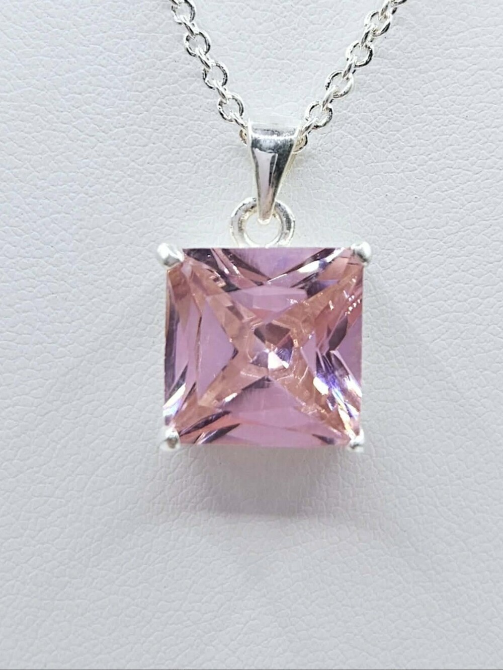 Large Pink Princess Cut CZ Pendant Necklace 12mm Square Cubic Zirconia New